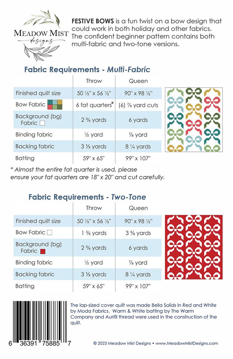 Meadow Mist Designs Festive Bows Quilt Pattern | Paper Pattern